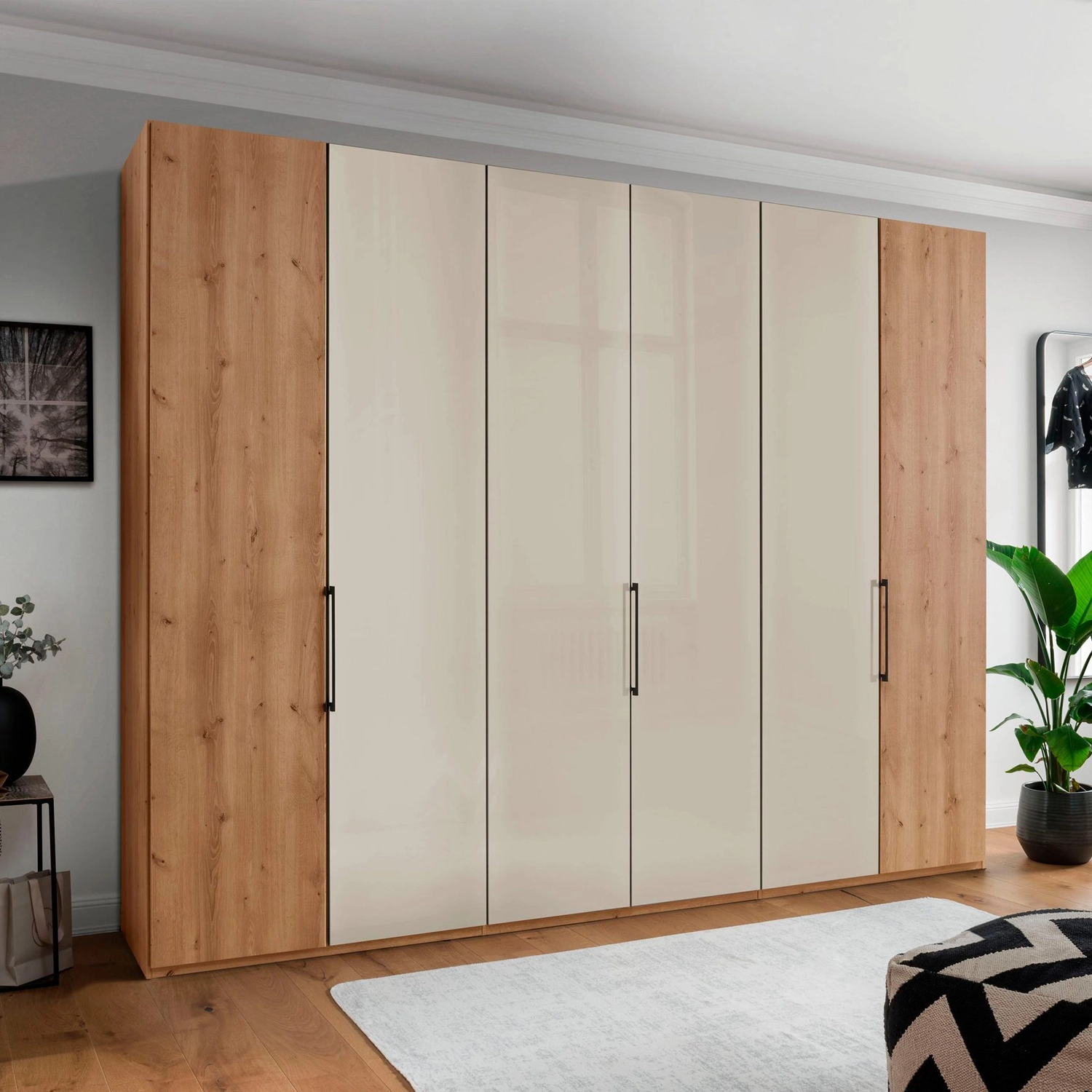 Templin 1000 Bianco Oak Carcase 6 Door Hinged Wardrobe in Champagne  Glass - 300cm - Styled in a Bedroom