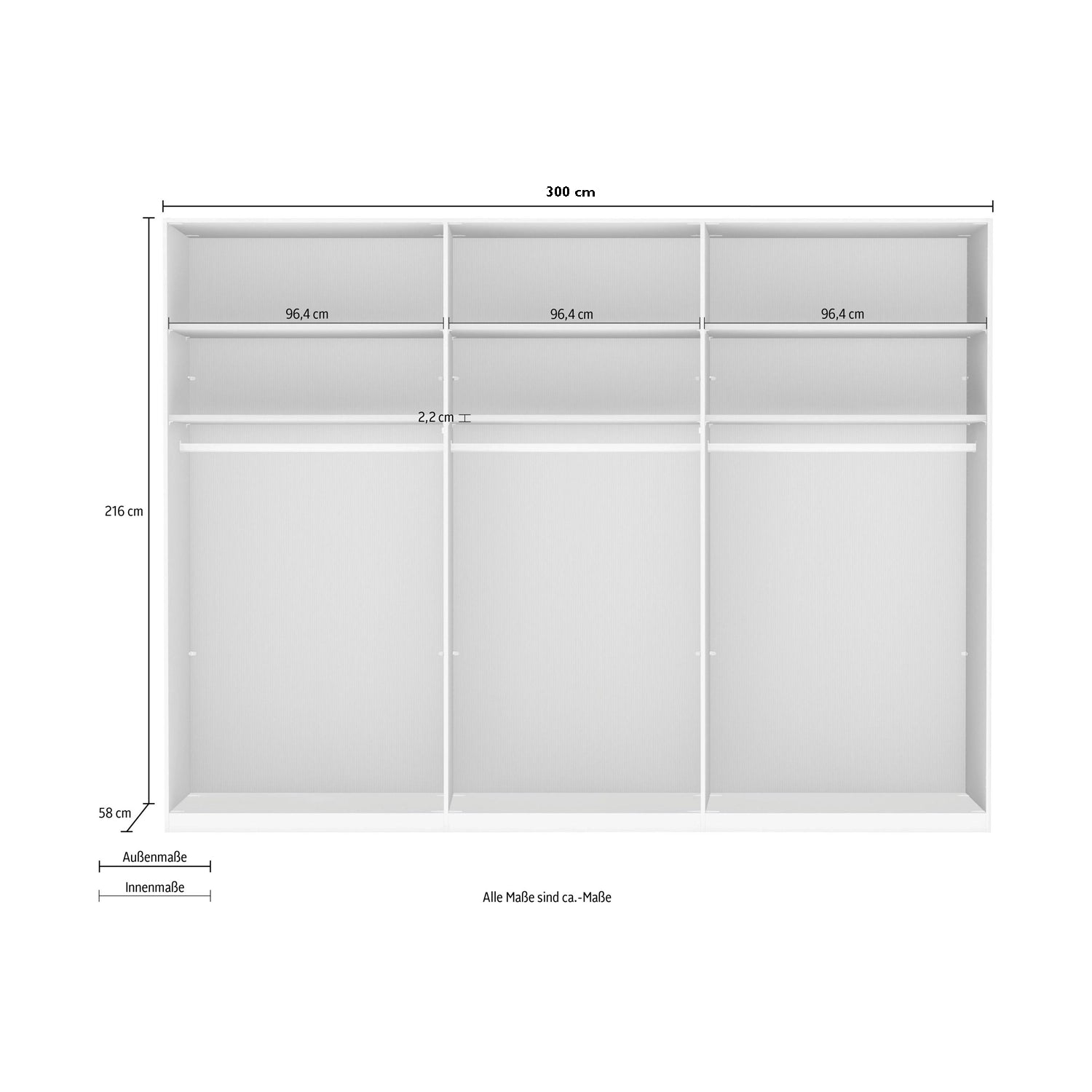 Templin 2000 Bianco Oak Carcase 6 Door Hinged Wardrobe - 300cm - Interior View With Dimensions