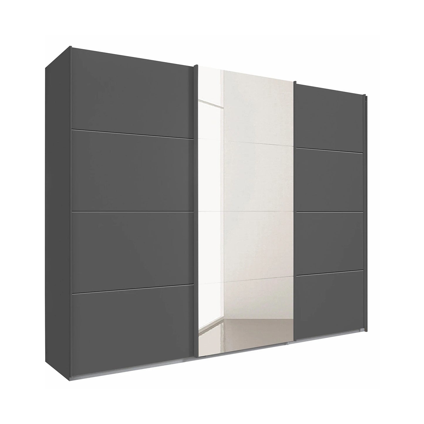 Sliding wardrobe with gray doors and a mirror panel on a white background