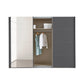 Modern Rauch wardrobe with sliding doors, one open to reveal clothes and shelves.