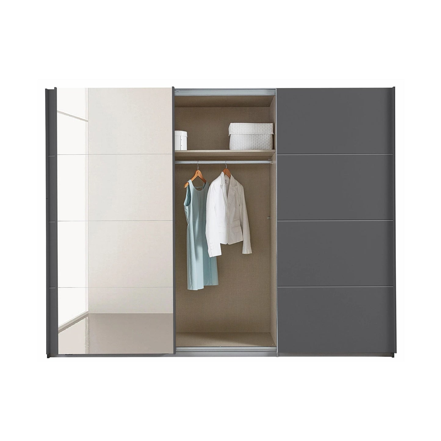 Modern Rauch wardrobe with sliding doors, one open to reveal clothes and shelves.