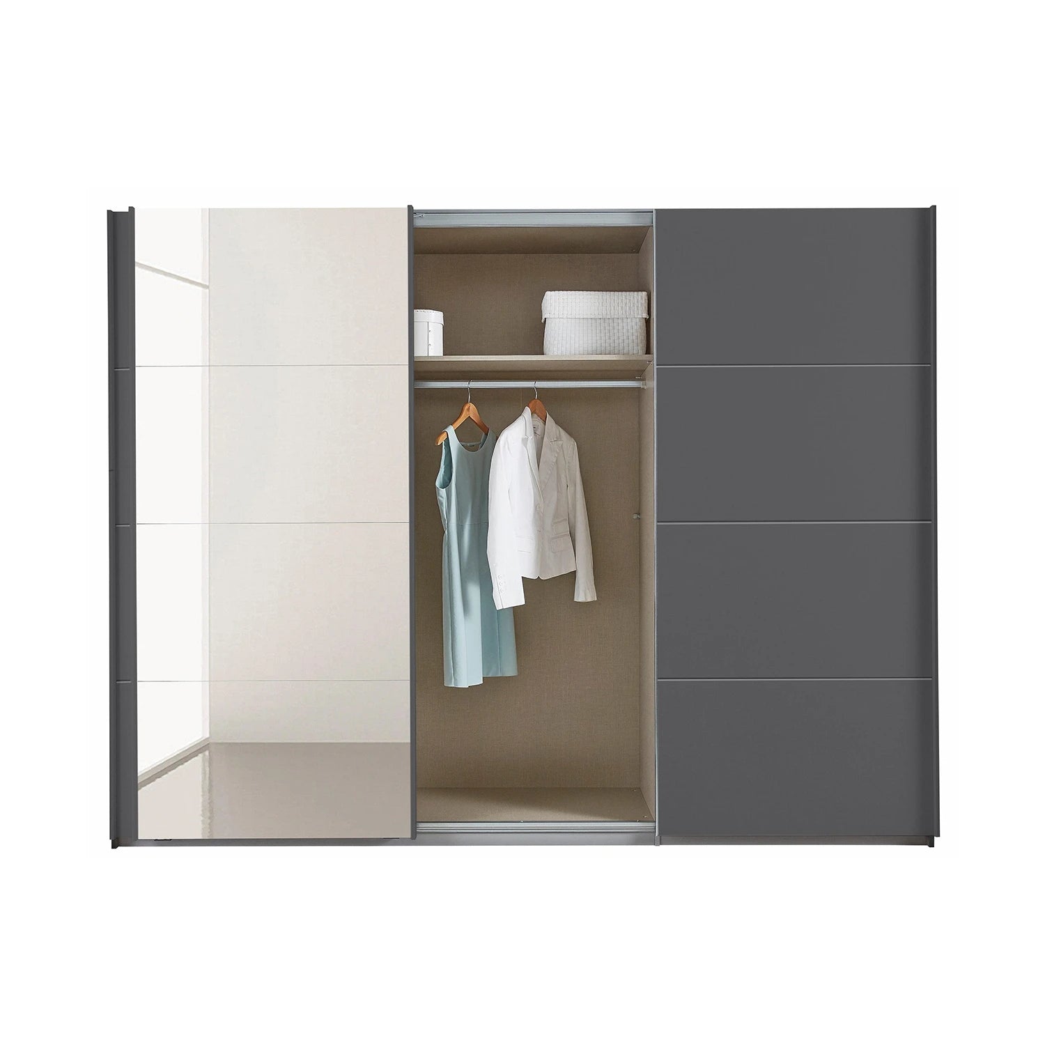 Modern Rauch wardrobe with sliding doors, one open to reveal clothes and shelves.