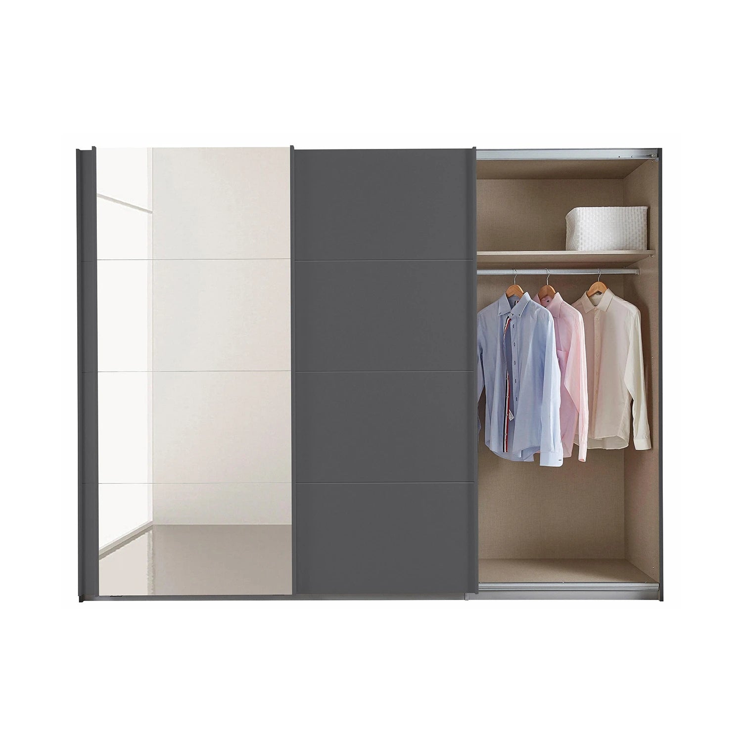 Modern wardrobe with sliding doors and clothes inside on a white background
