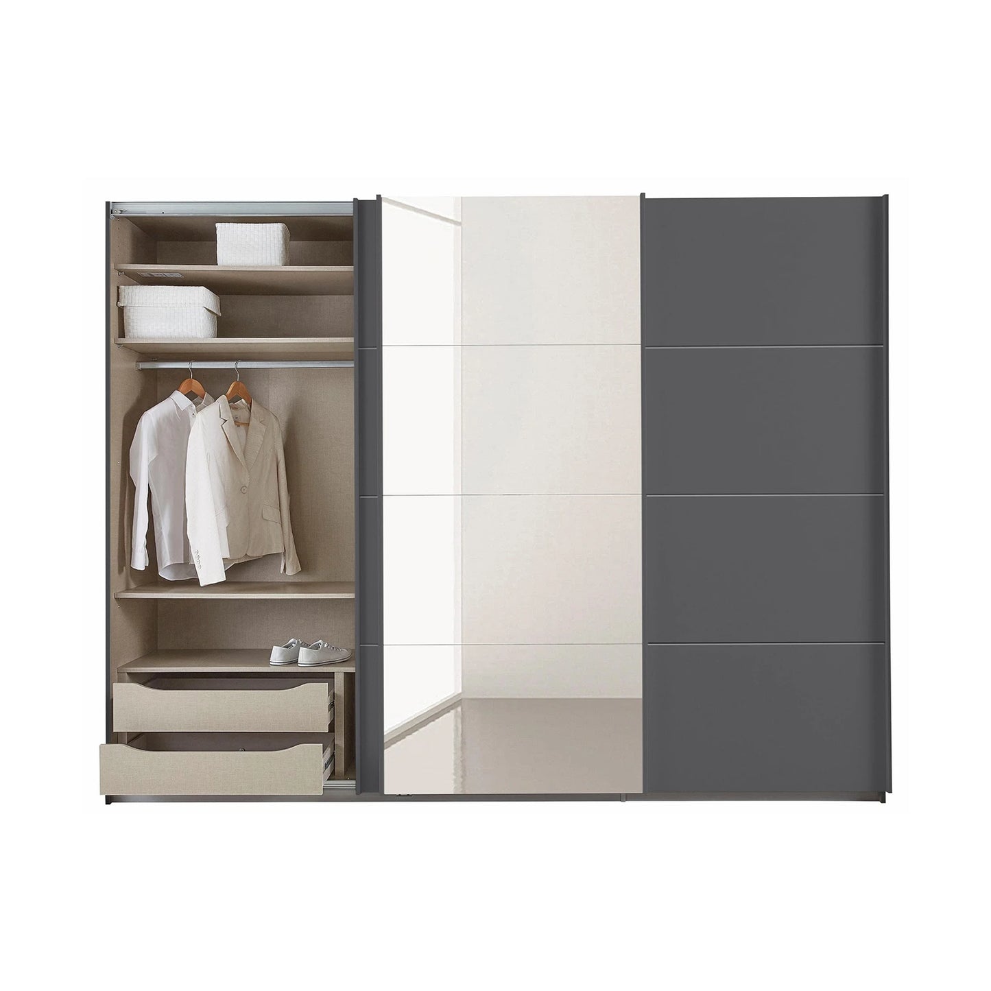 Modern Rauch Tubona sliding wardrobe with open door showing clothes and shelves on a white background