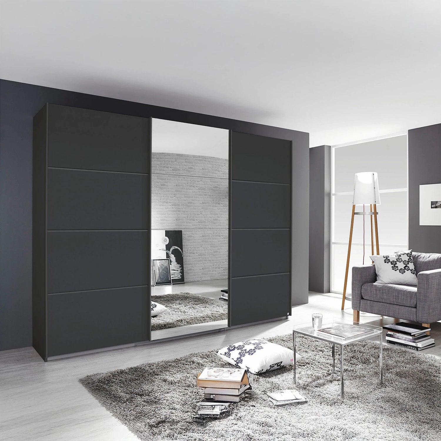 Styled in a modern bedroom Tubona Metallic Grey 3 Door Sliding Wardrobe with Mirror – W271cm