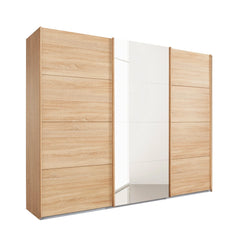 Wooden wardrobe with sliding doors middle door mirror on a white background