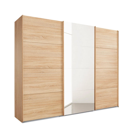 Wooden wardrobe with sliding doors middle door mirror on a white background