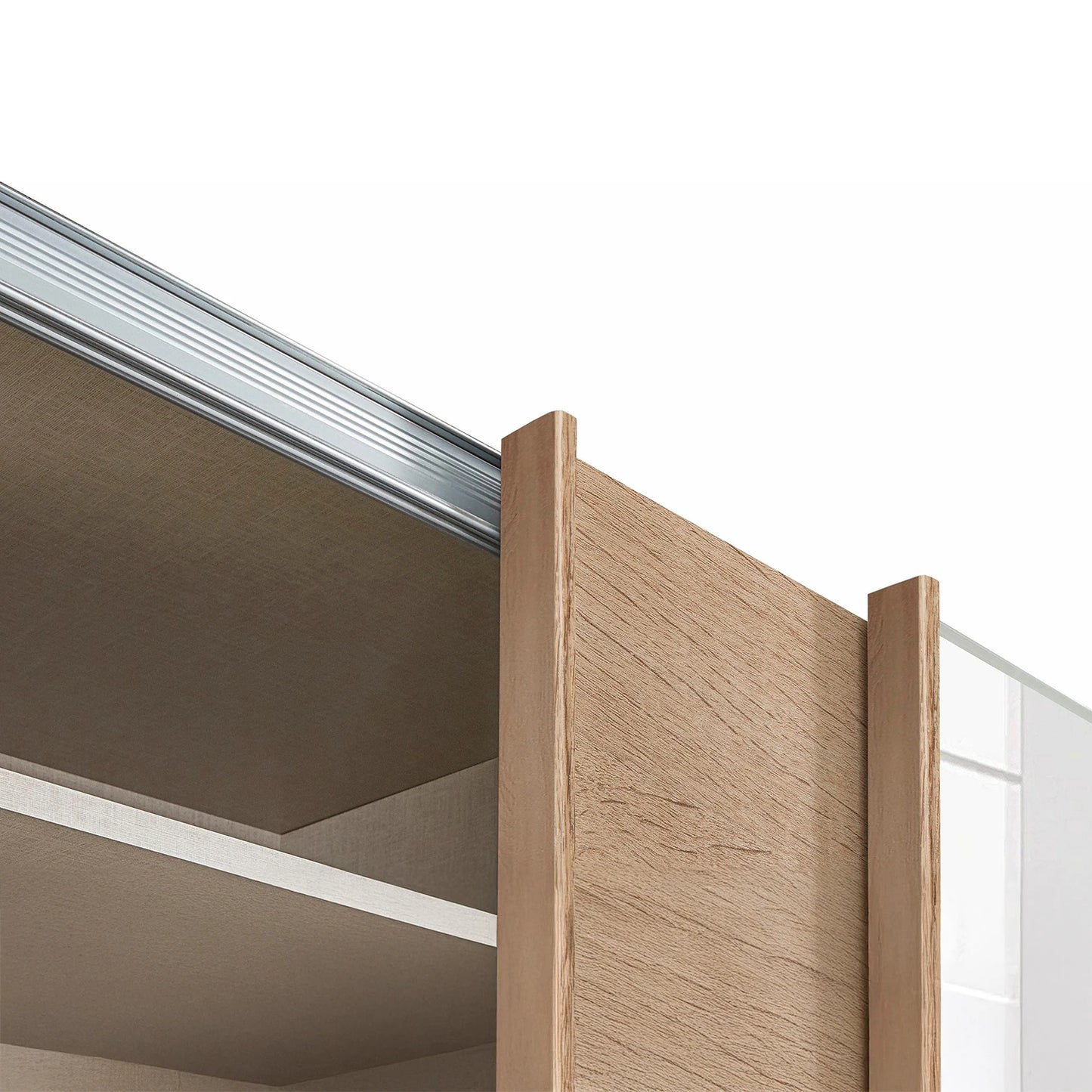 Door Handle bars Close up of Tubona Sonoma Oak 3 Door Sliding Wardrobe with Mirror