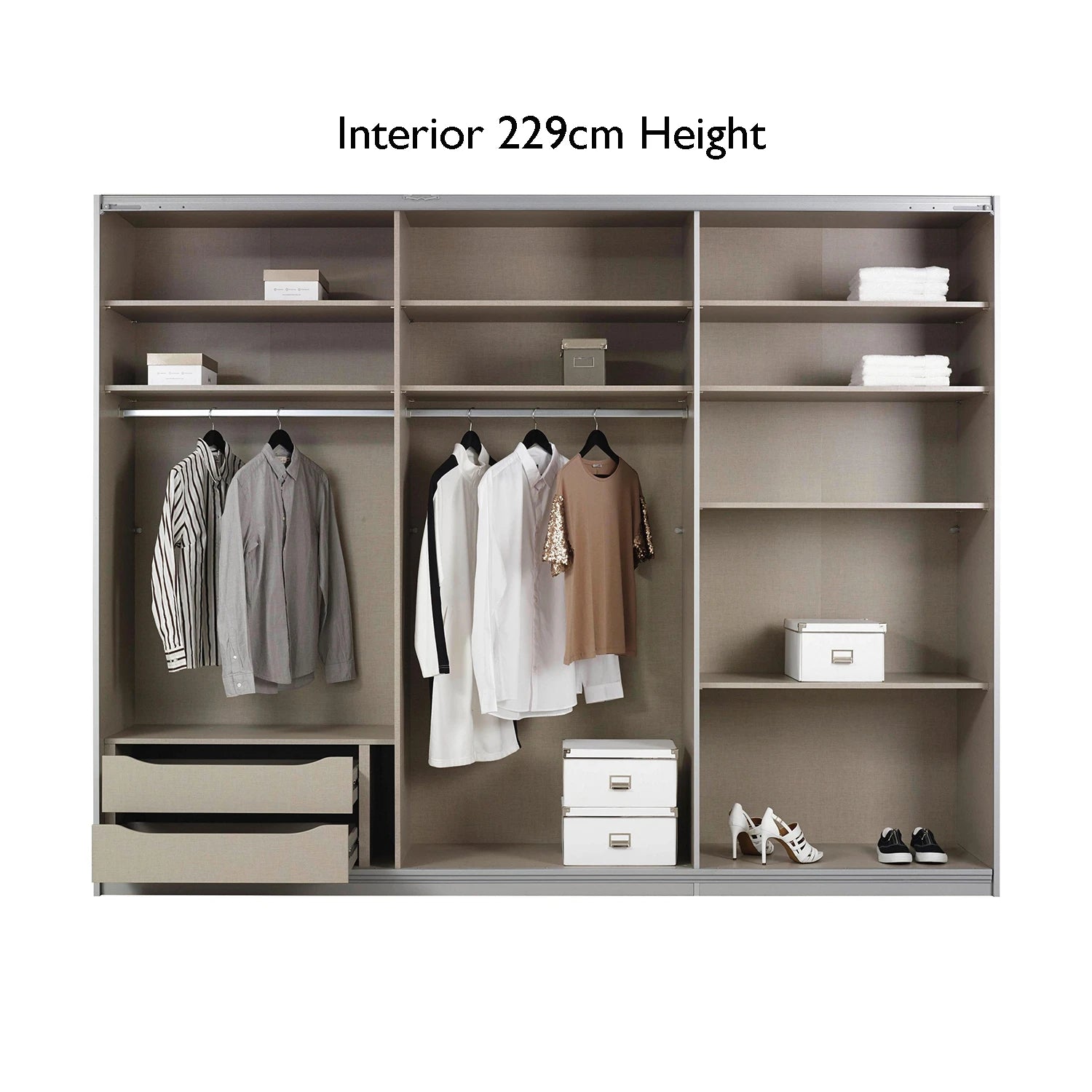 Wardrobe with clothes and shelves labeled 'Interior 229cm Height'.