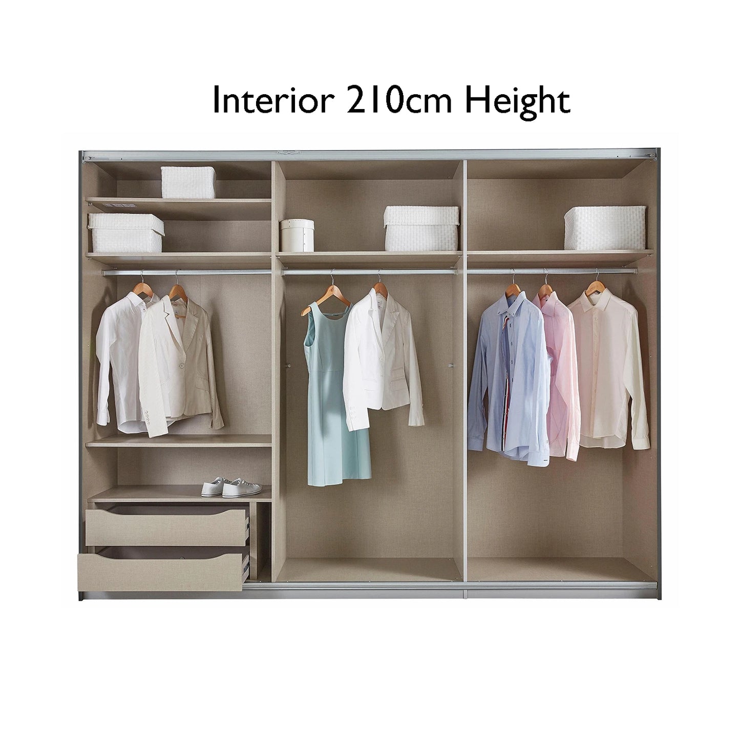 Closet with clothes and shelves labeled 'Interior 210cm Height'.