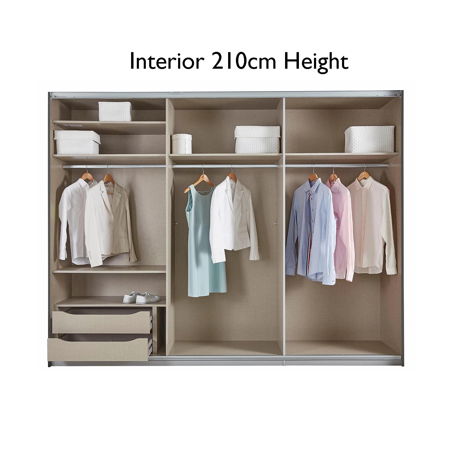 Closet with clothes and shelves labeled 'Interior 210cm Height'.