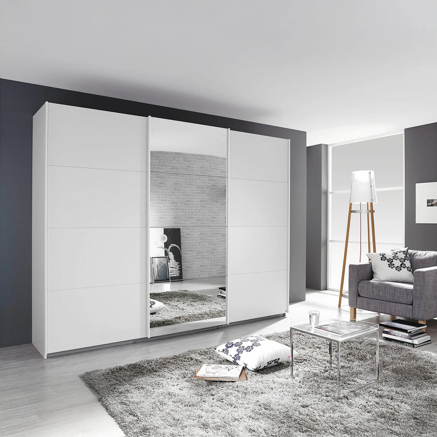 Tubona White 3 Door Sliding Wardrobe with Mirror – styled in a living room