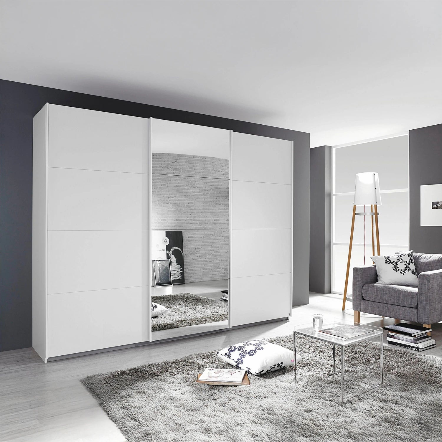 Tubona White 3 Door Sliding Wardrobe with Mirror – styled in a living room