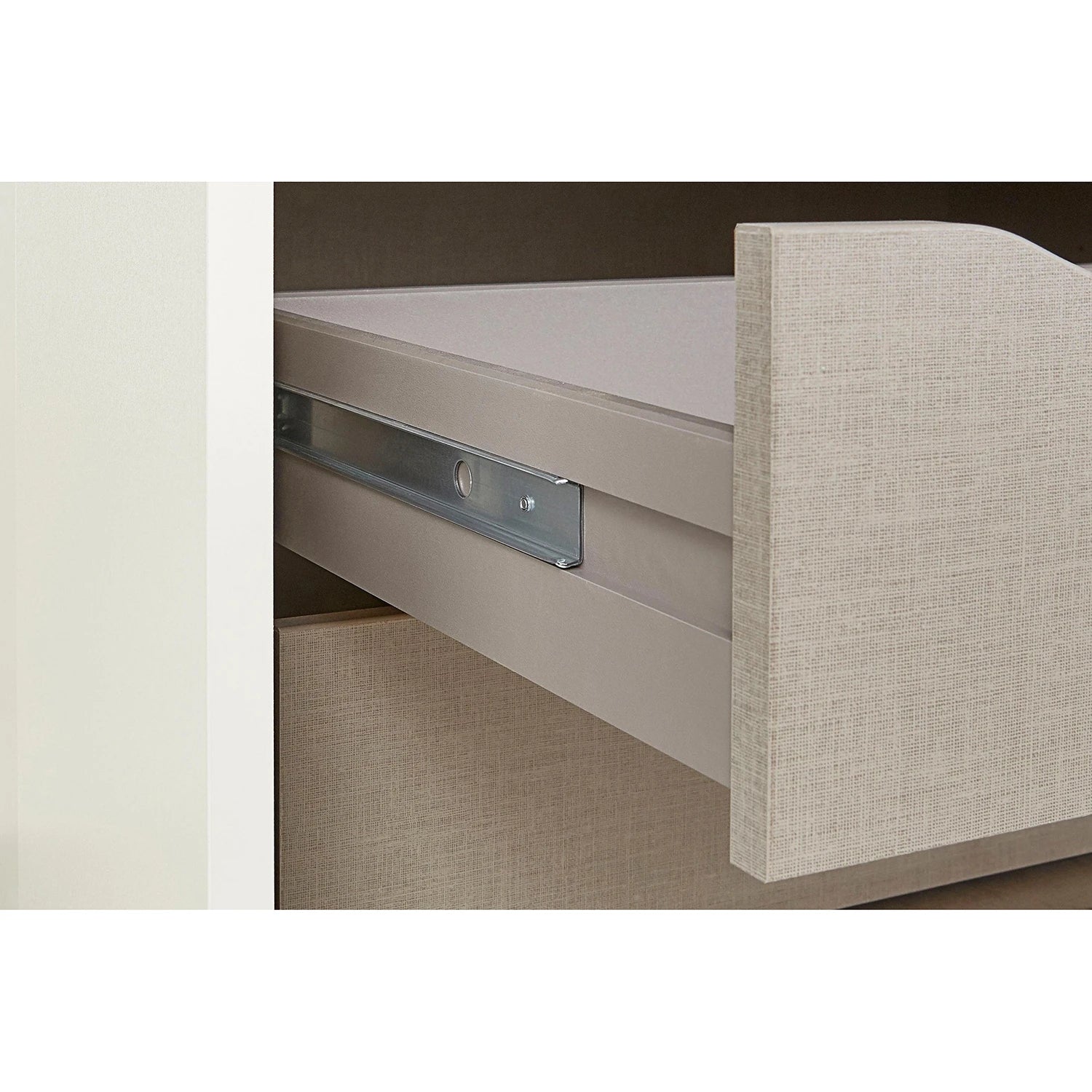 Close up of interior drawer of Tubona 271cm wide White 3 Door Sliding Wardrobe with Mirror 