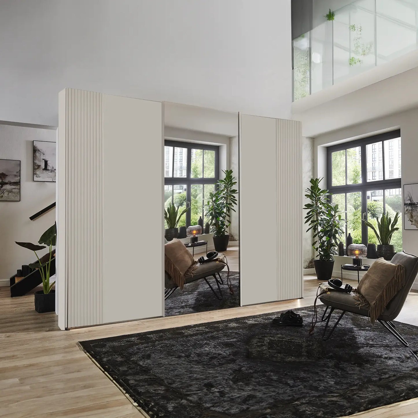 Tulsa 3 Door Champagne Decking and Mirror Sliding Door Wardrobe style in a room