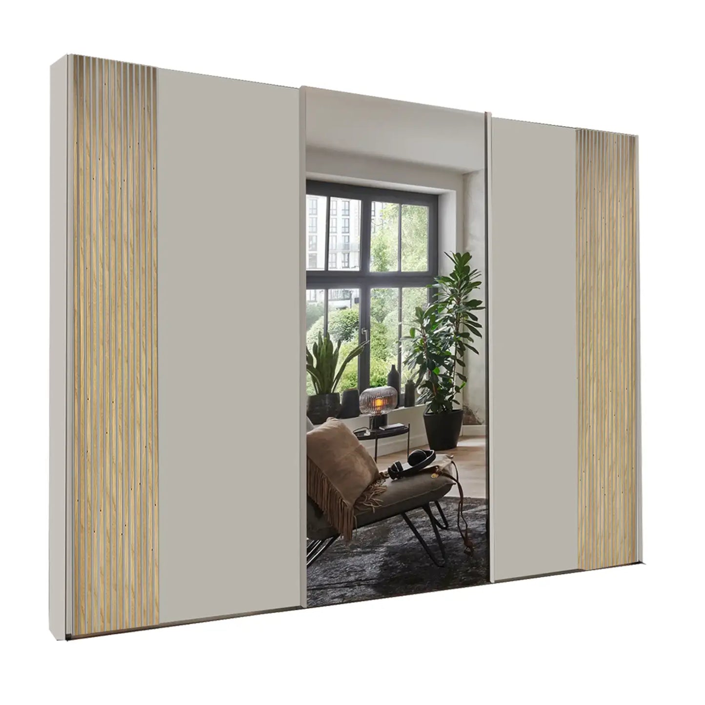 Tulsa 3 Door Champagne and Mirror Sliding Door Wardrobe with Oak Decking 