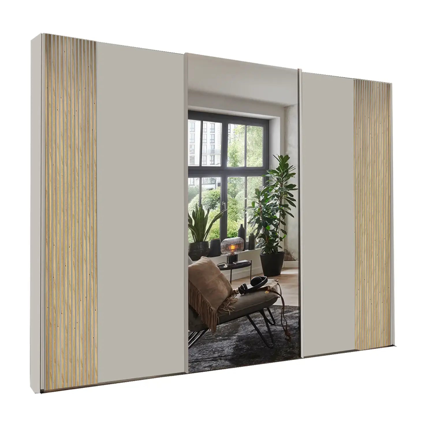 Tulsa 3 Door Champagne and Mirror Sliding Door Wardrobe with Oak Decking 