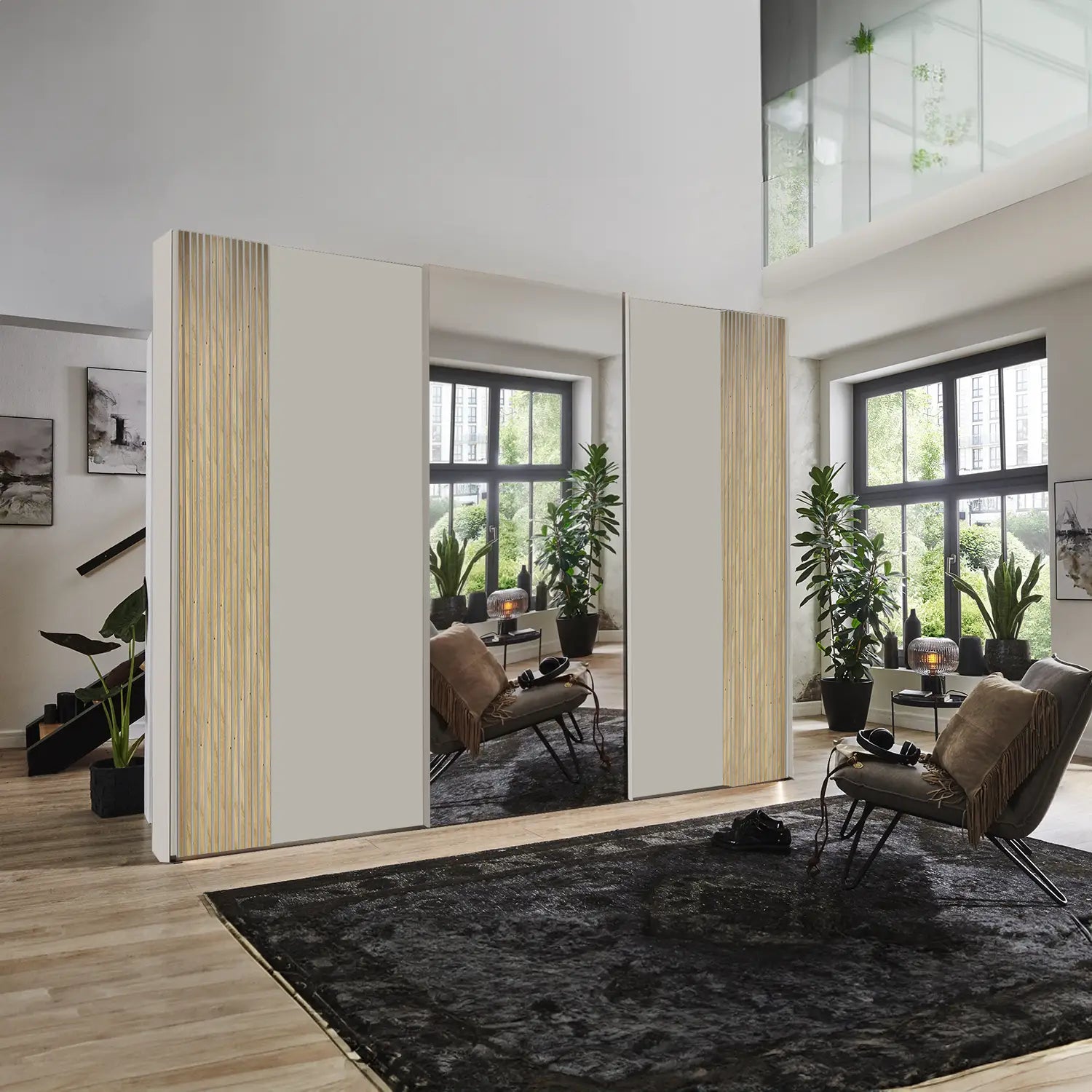 Tulsa 3 Door Champagne and Mirror Front Sliding Door Wardrobe with Oak decking and Passepartout Light Frame - Styled in a room