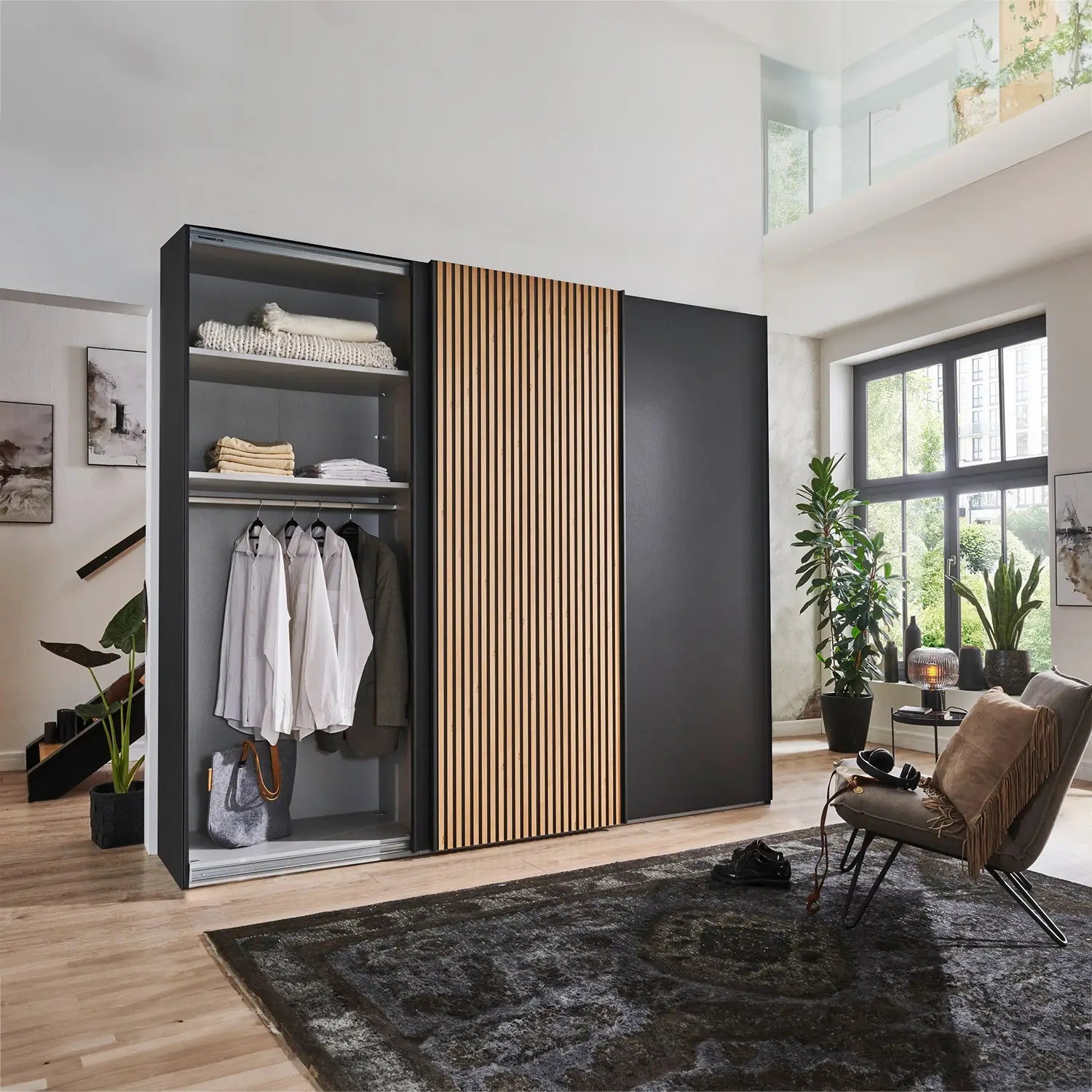 Tulsa 3 Door Graphite Sliding Door Wardrobe with Oak Decking - Free Assembly 