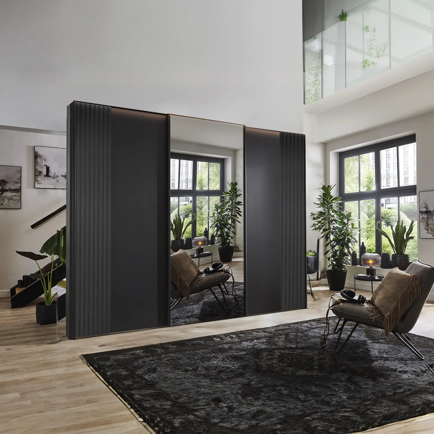 Tulsa 3 Door Graphite Sliding Door Wardrobe with Oak Decking and Mirror 