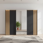 Straight view of Wiemann Tulsa 3 door graphite sliding wardrobe featuring integrated natural oak wood slatted decking panel and a full-length mirrored central door in a modern bedroom setting.