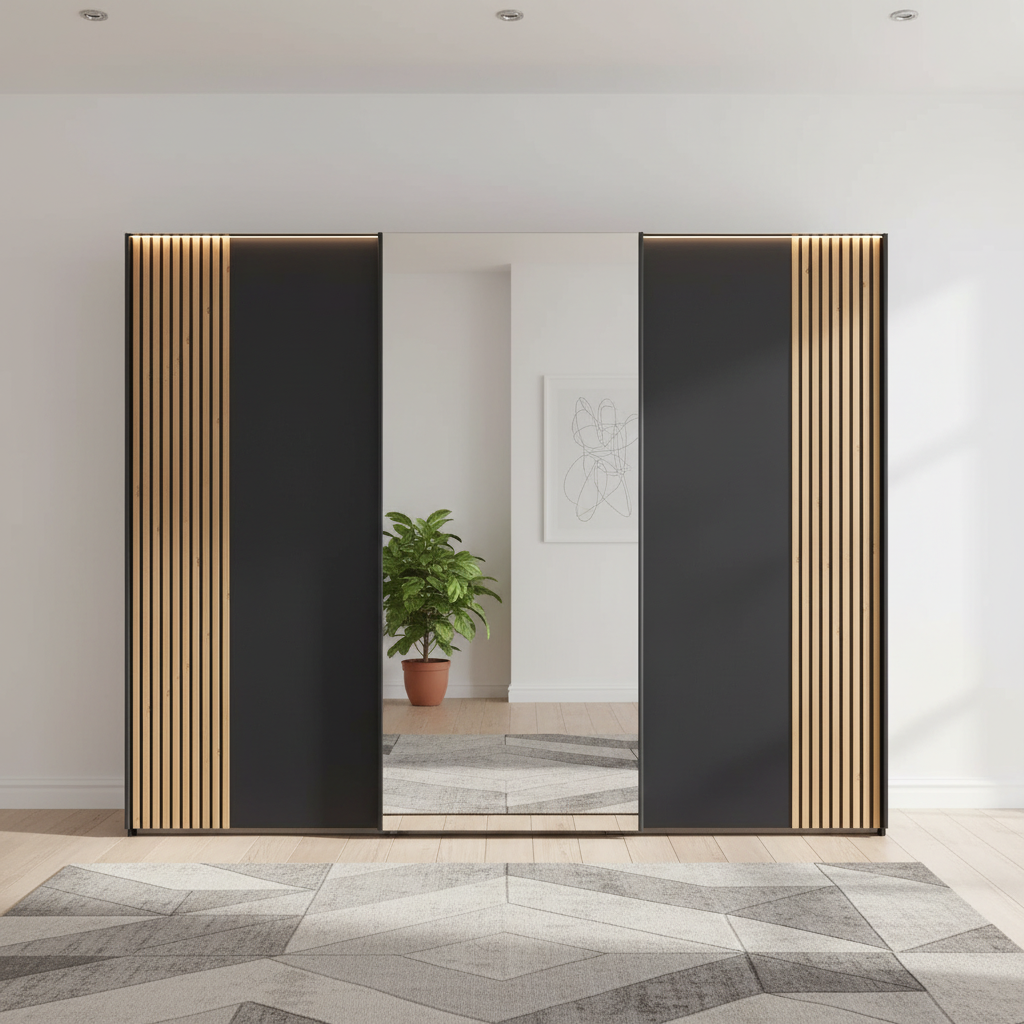Straight view of Wiemann Tulsa 3 door graphite sliding wardrobe featuring integrated natural oak wood slatted decking panel and a full-length mirrored central door in a modern bedroom setting.