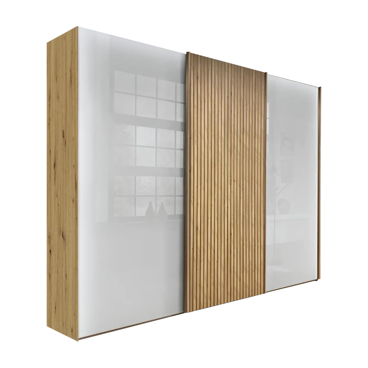Tulsa 3 Door White Glass Sliding Door Wardrobe with Oak Decking 