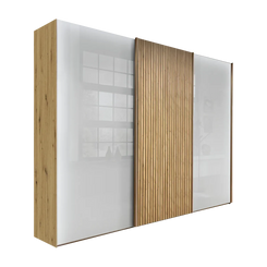 Tulsa 3 Door White Glass Sliding Door Wardrobe with Oak Decking 
