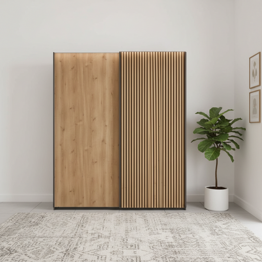 Tulsa Graphite Sliding 2 Door Wardrobe with Bianco Oak Doors & Slatted Detail