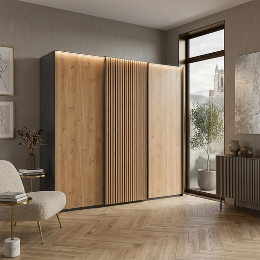 Tulsa Graphite Sliding Door Wardrobe with Bianco Oak Doors & Slats