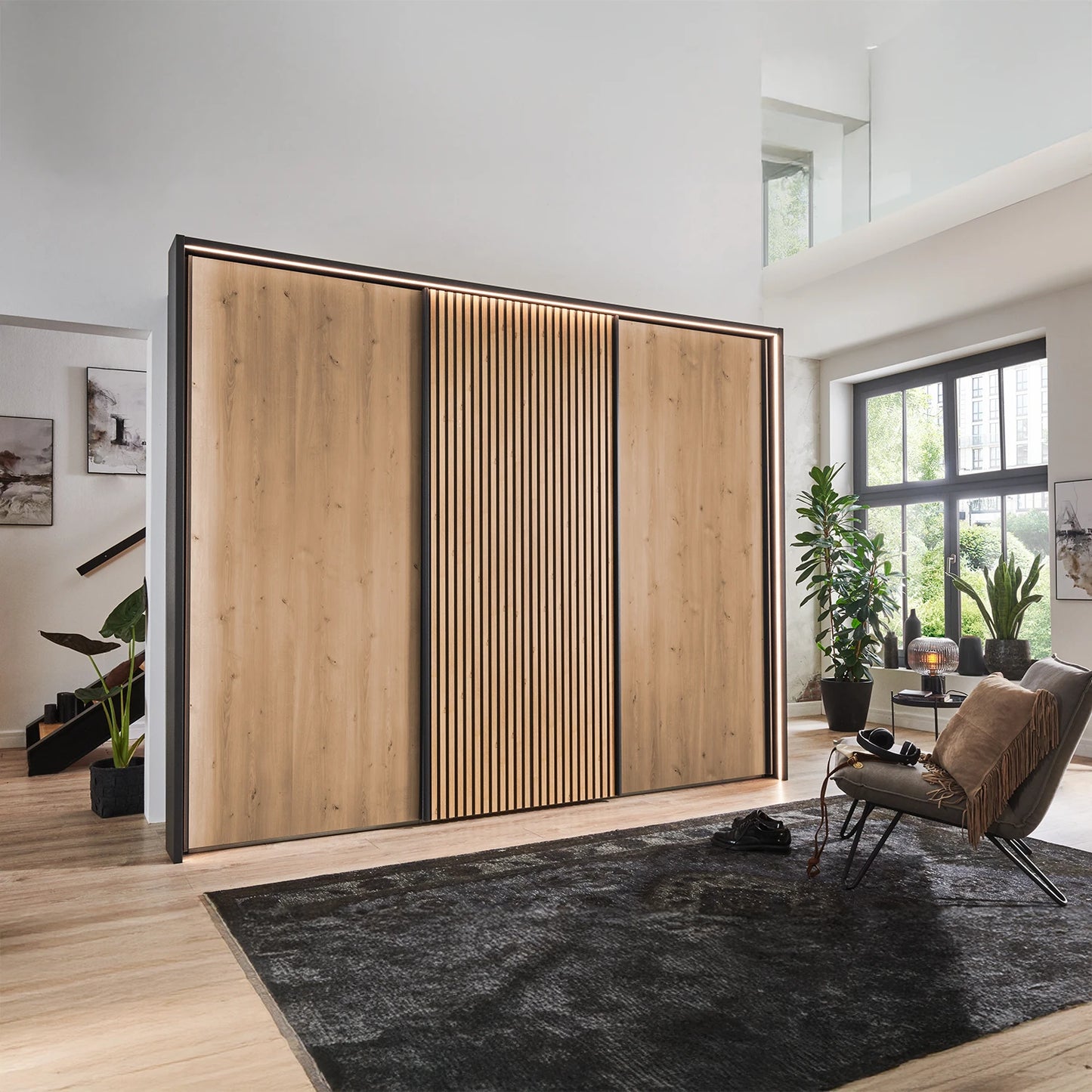 Tulsa Graphite Sliding Door Wardrobe with Bianco Oak Doors & Slats
