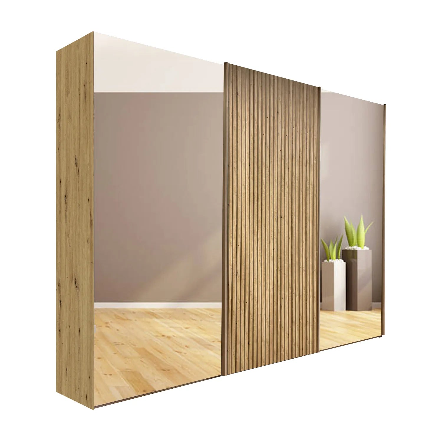 Tulsa Large 3 Door Wardrobe With Mirror and Bianco Oak Decking 
