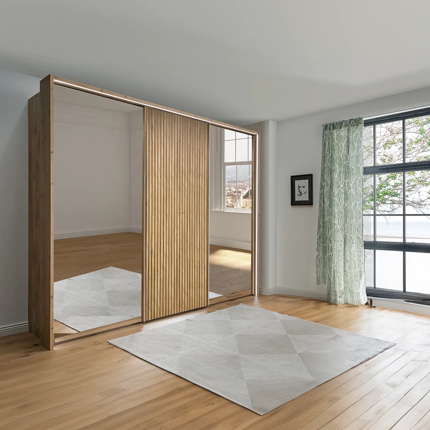 Tulsa Large 3 Door Wardrobe With Mirror and Bianco Oak Decking 