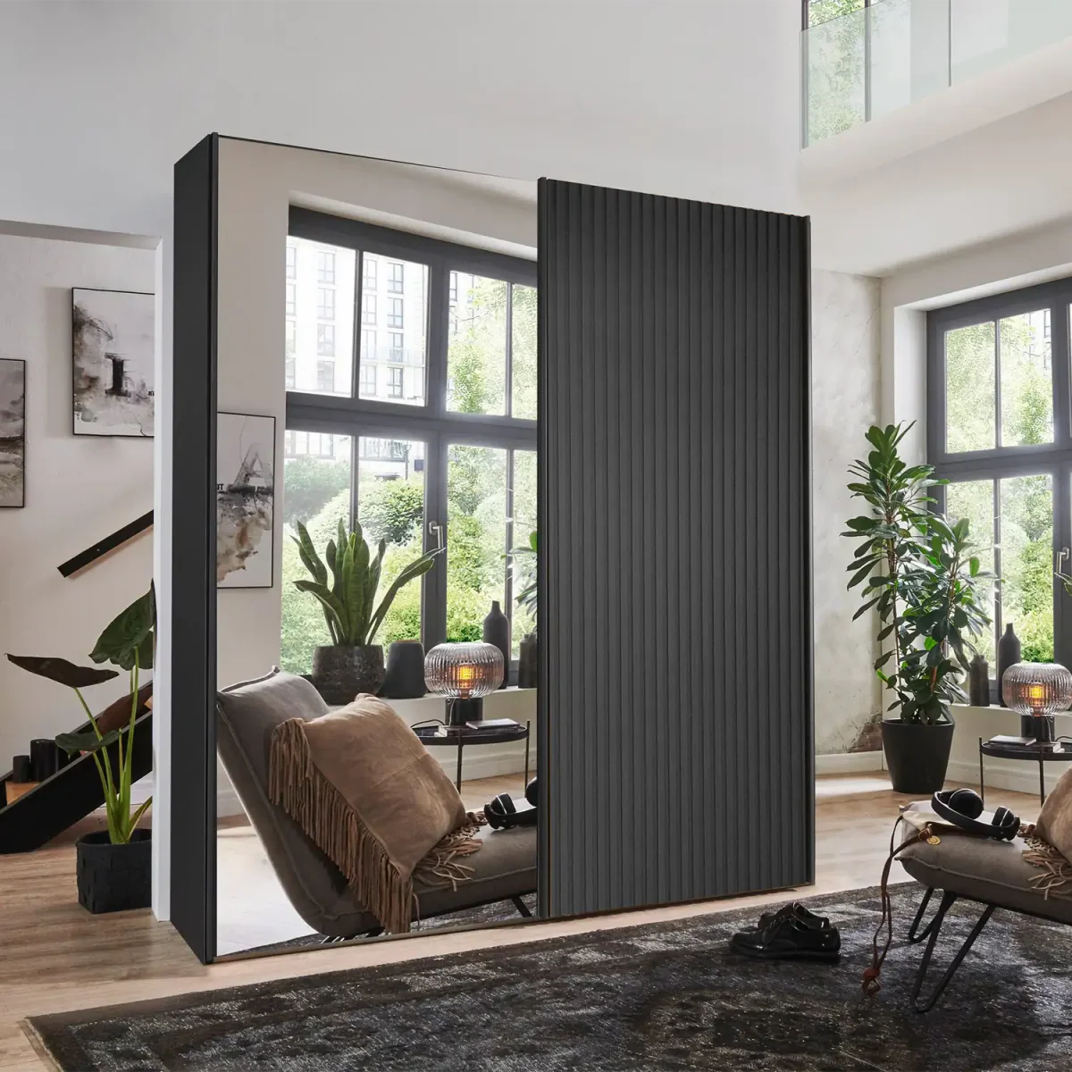 Tulsa Graphite Double Freestanding Mirrored Wardrobe 