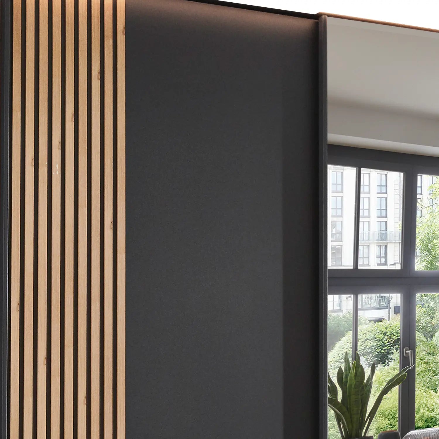 Tulsa 3 Door Graphite Sliding Door Wardrobe with Oak Decking and Mirror 