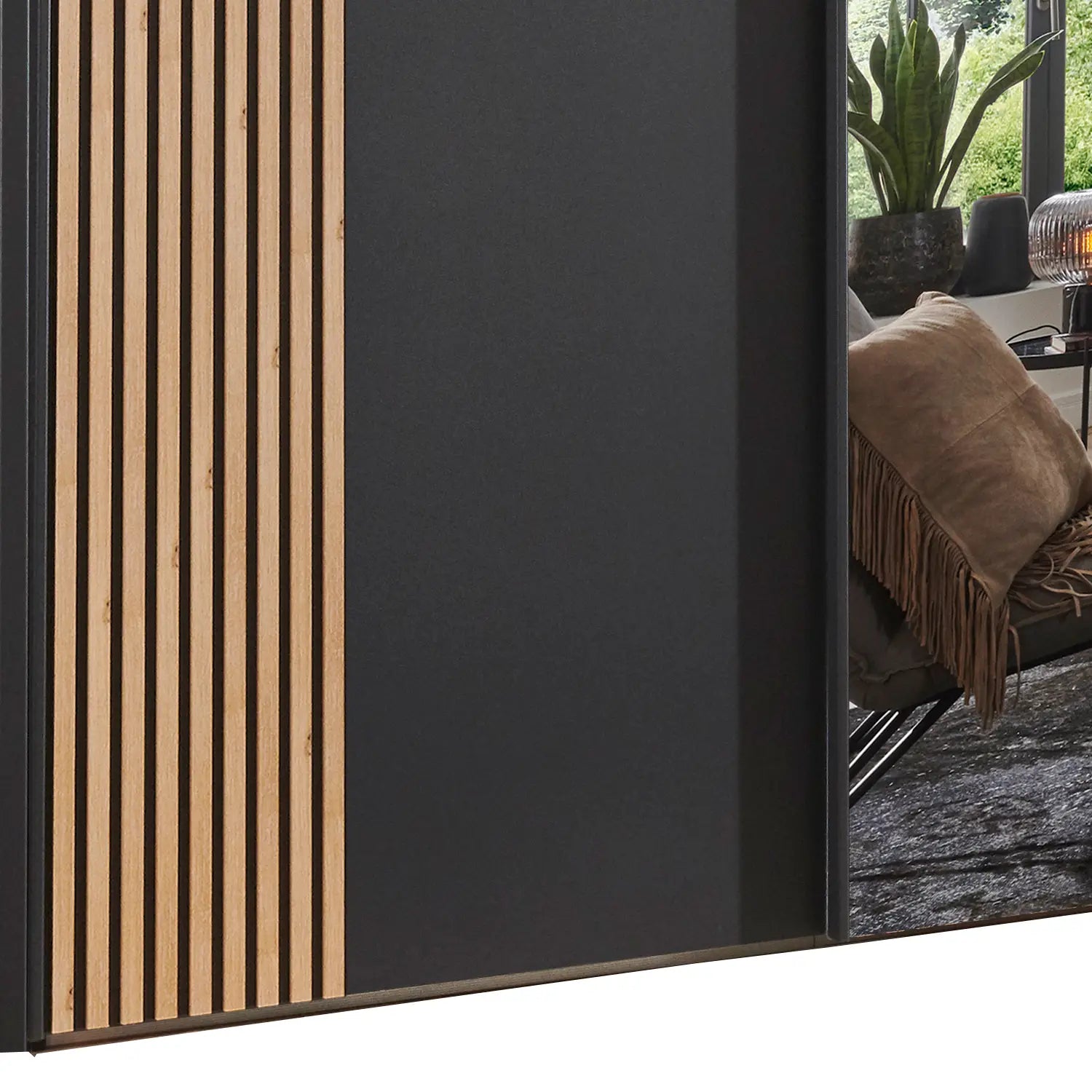 Tulsa 3 Door Graphite Sliding Door Wardrobe with Oak Decking and Mirror 