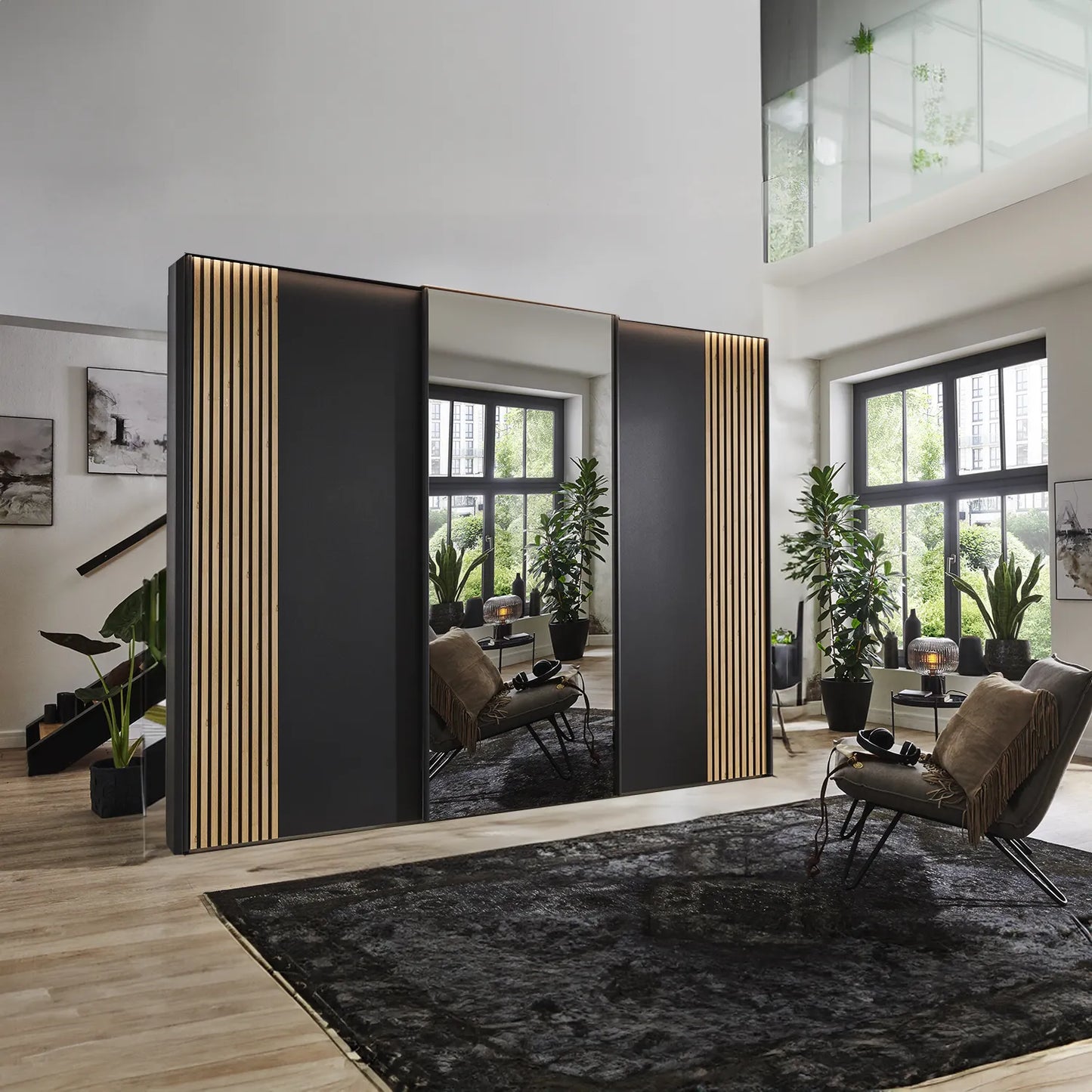 Tulsa 3 Door Graphite Sliding Door Wardrobe with Oak Decking and Mirror 