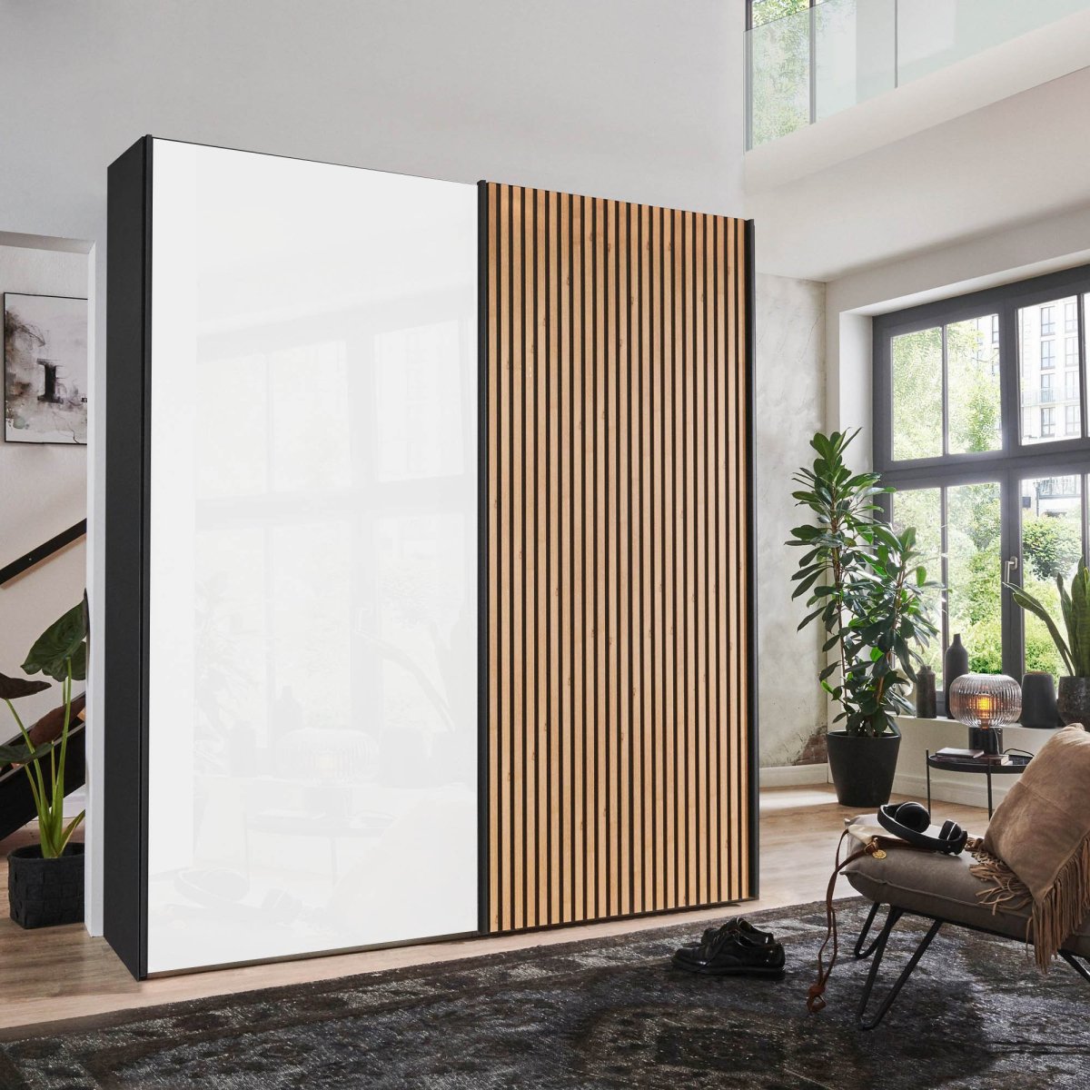 Tulsa White Glass Graphite Carcase Sliding Wardrobe 