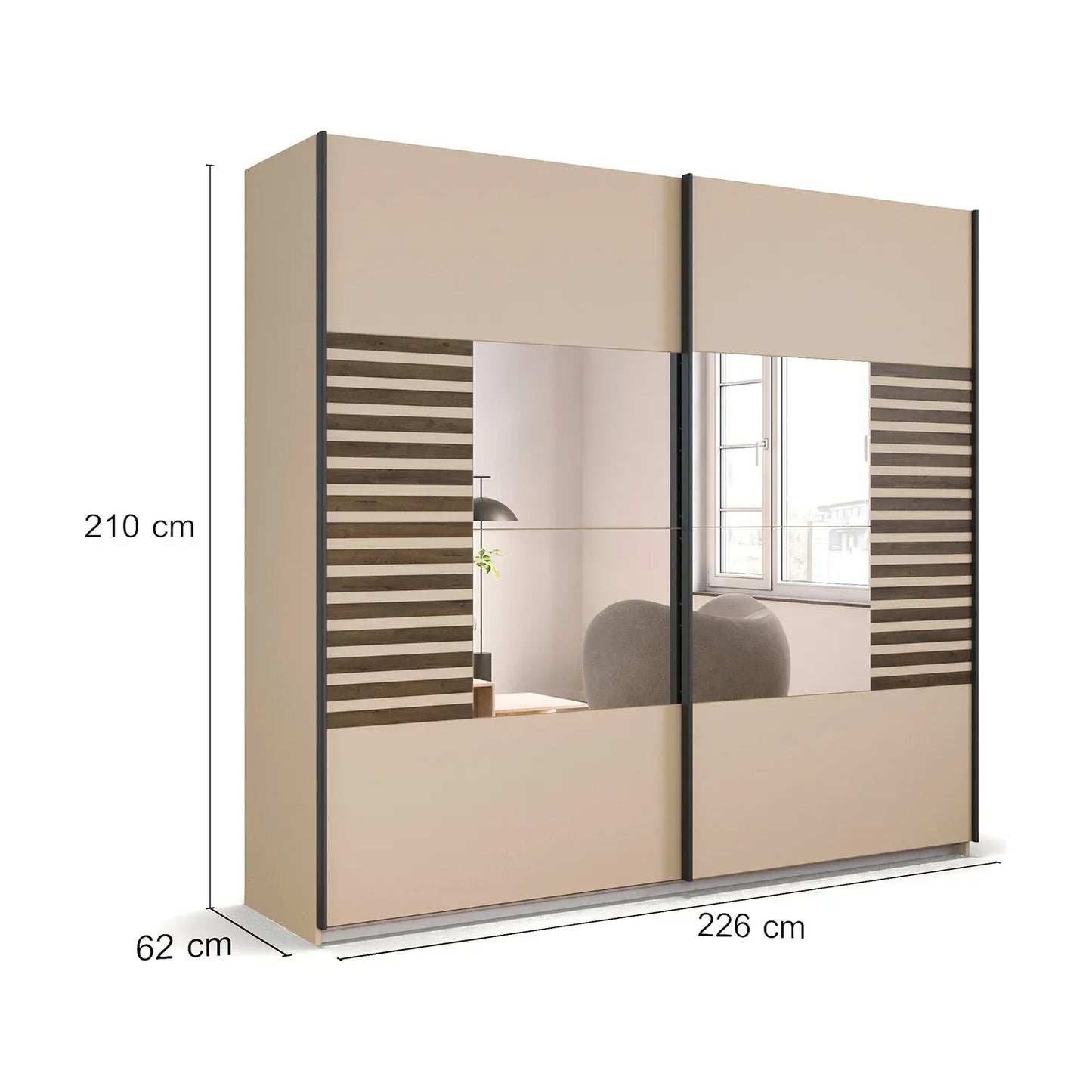 Vestro Champagne Sliding Door Wardrobe With Mirror - Dimensions