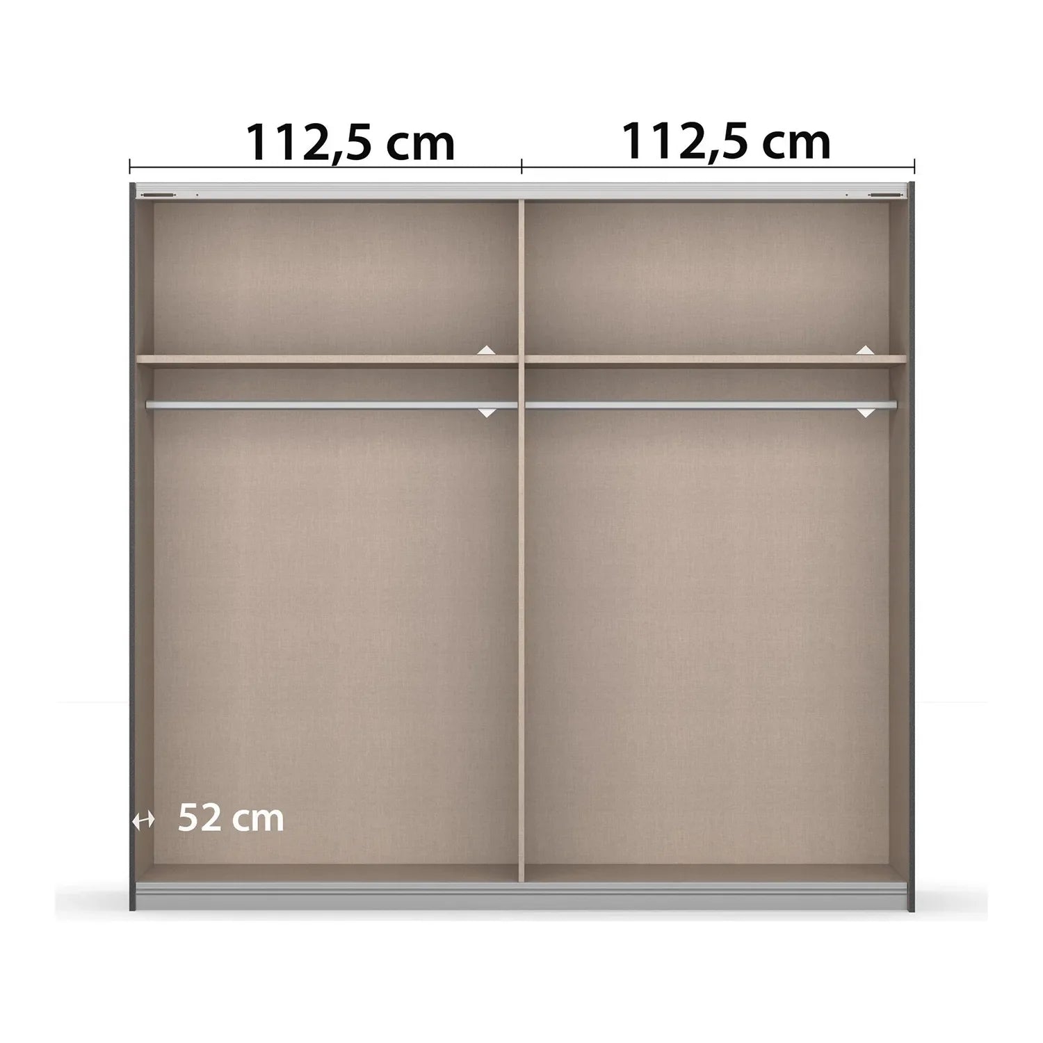 Vestro Metallic Grey Sliding Door Wardrobe - Interior view with Compartments Dimensions