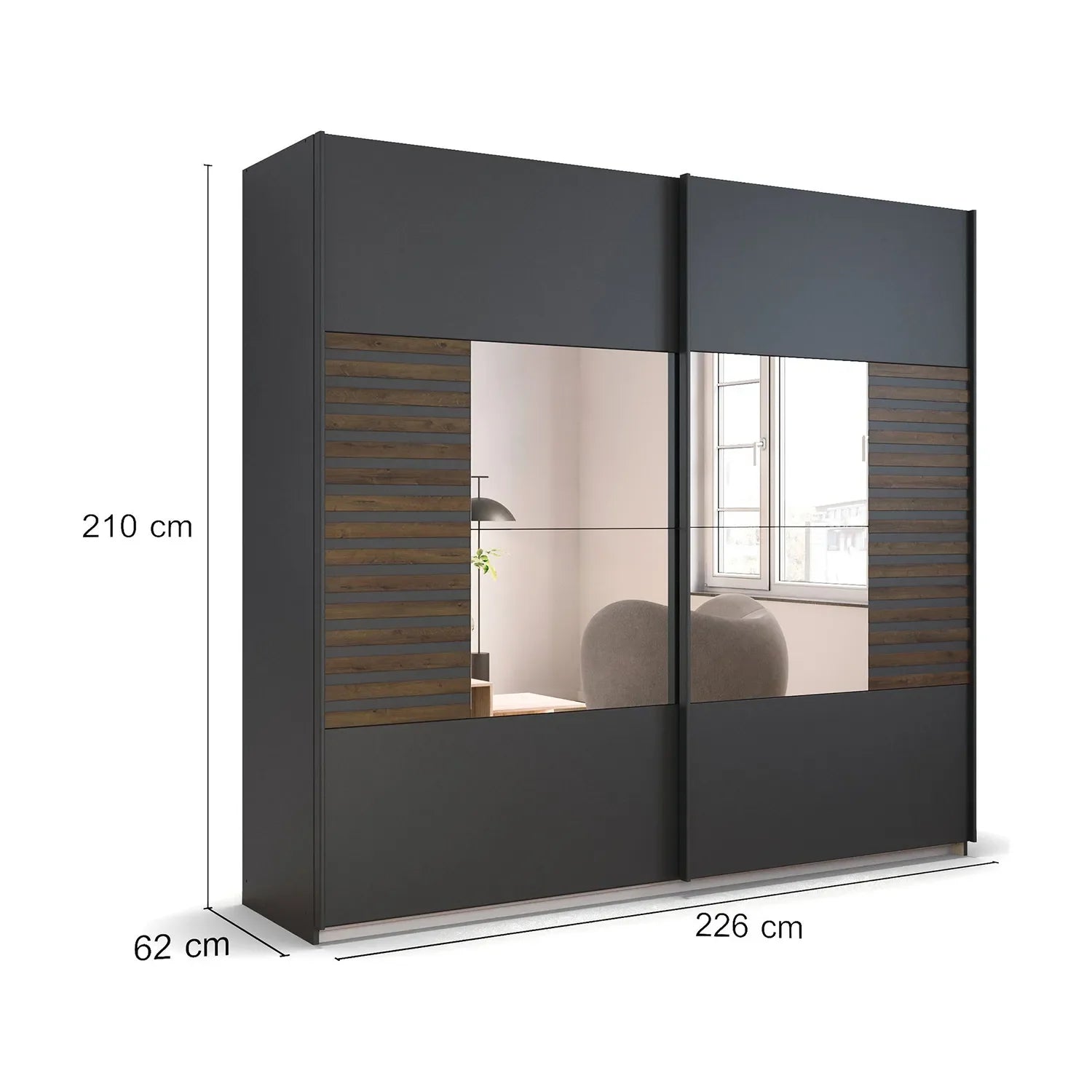Vestro Metallic Grey Sliding Door Wardrobe With Mirror - Dimensions