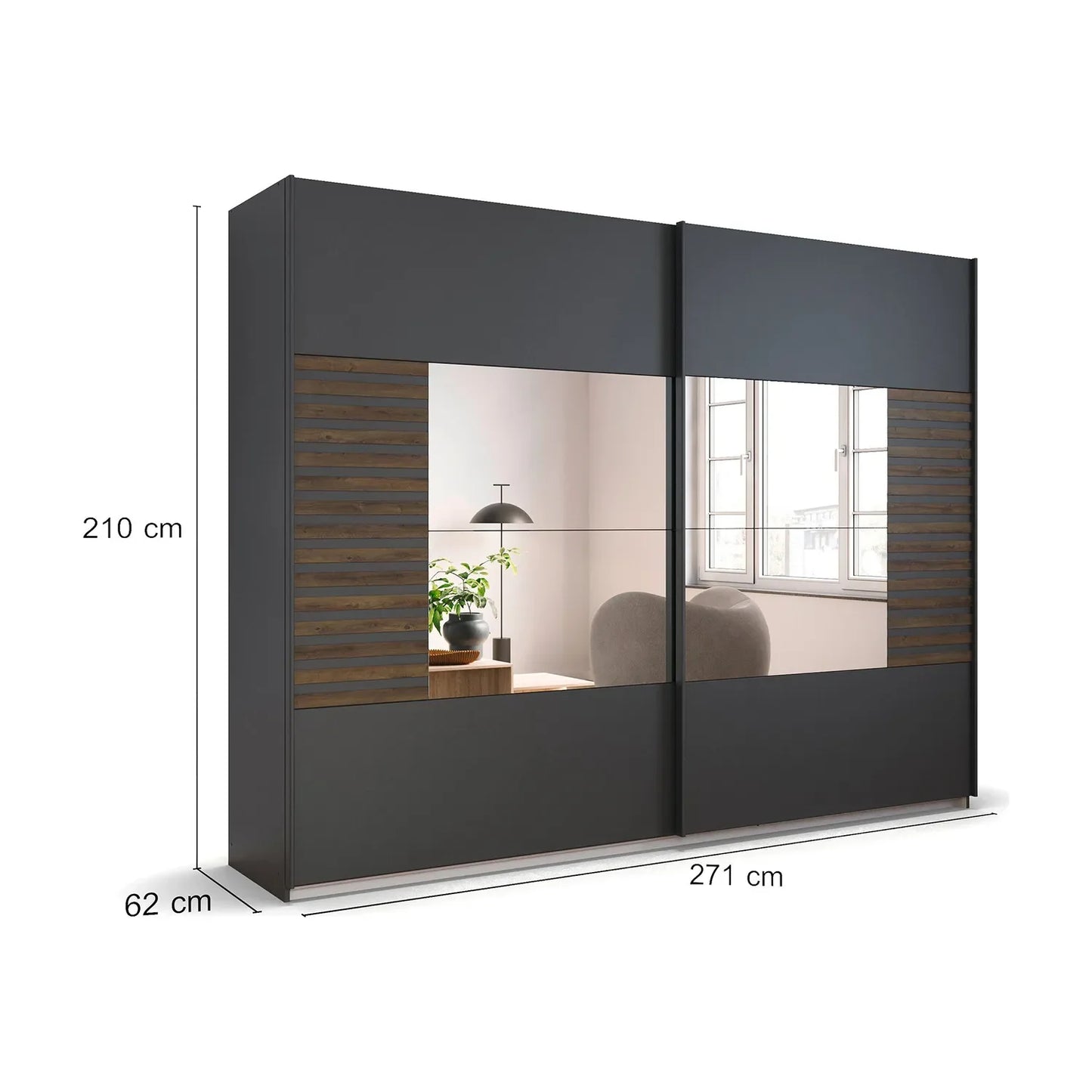 Vestro Metallic Grey Sliding Door Wardrobe With Mirror - Dimensions
