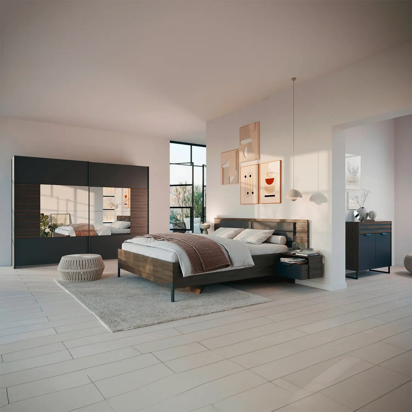 Vestro Metallic Grey Sliding Door Wardrobe With Mirror - Styled in a Beautiful Bedroom