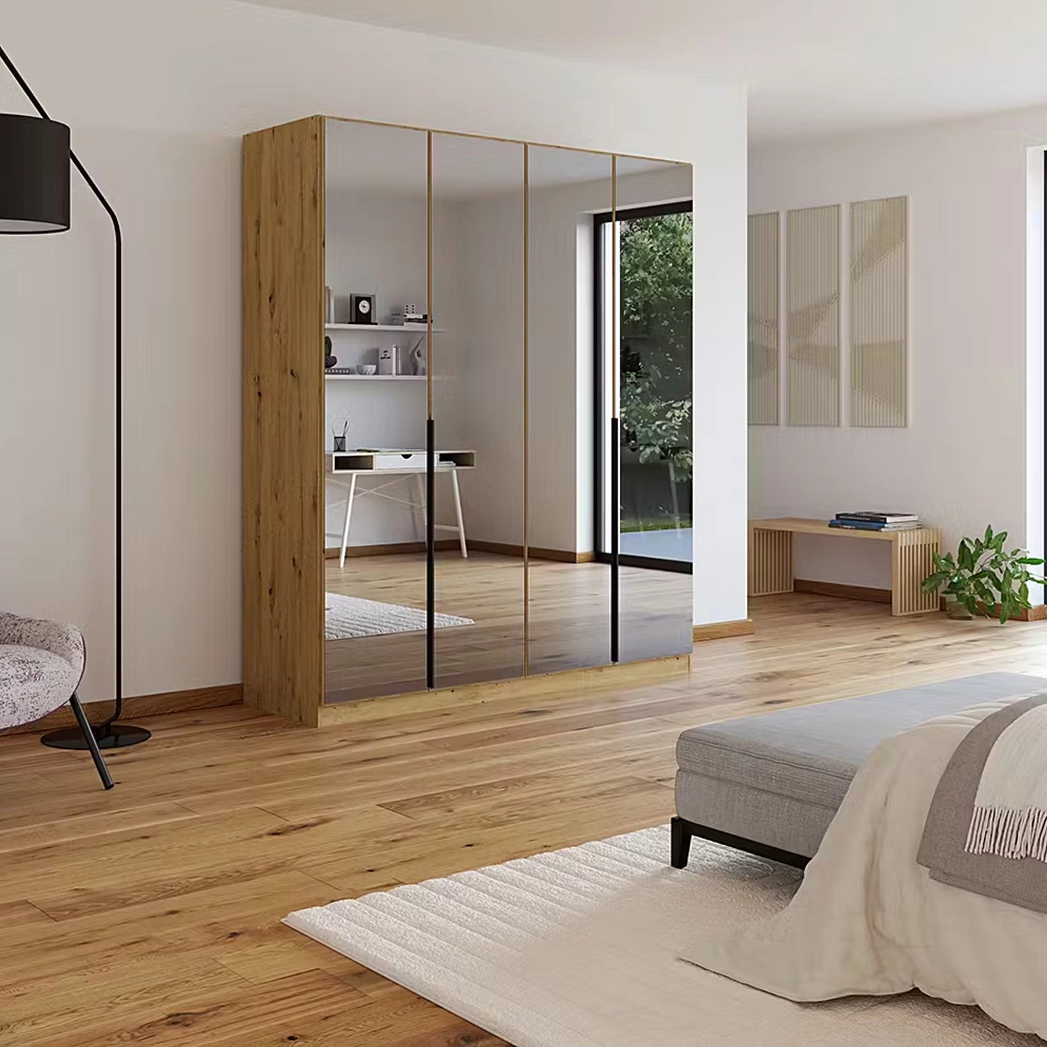 Vista Grey Mirror Front Hinged 4 Door Wardrobe with Long Metal Door Handles carcase artisan oak
