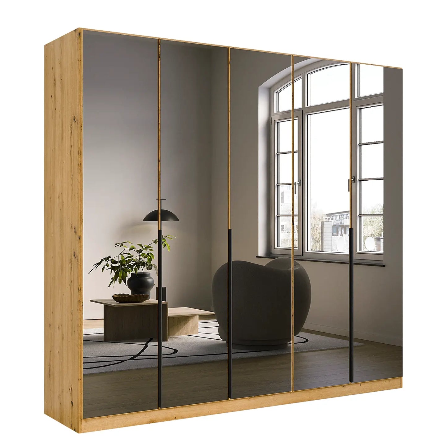 Vista Grey Glass Front Hinged 5 Door Wardrobe Oak Carcase Width 226cm