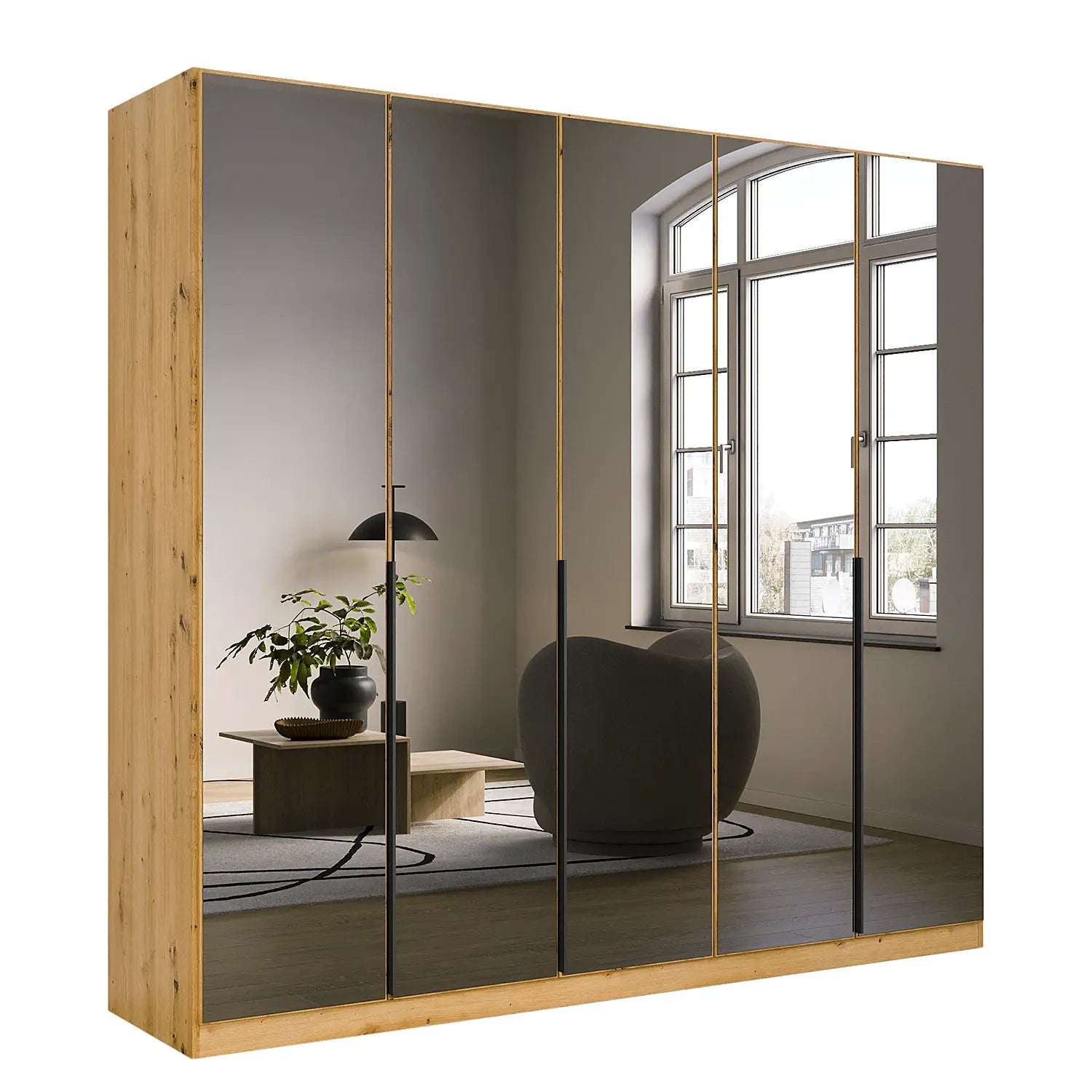 Vista Grey Glass Front Hinged 5 Door Wardrobe Oak Carcase Width 226cm