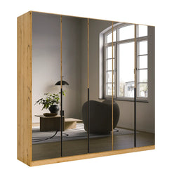 Vista Grey Glass Front Hinged 5 Door Wardrobe Oak Carcase Width 226cm