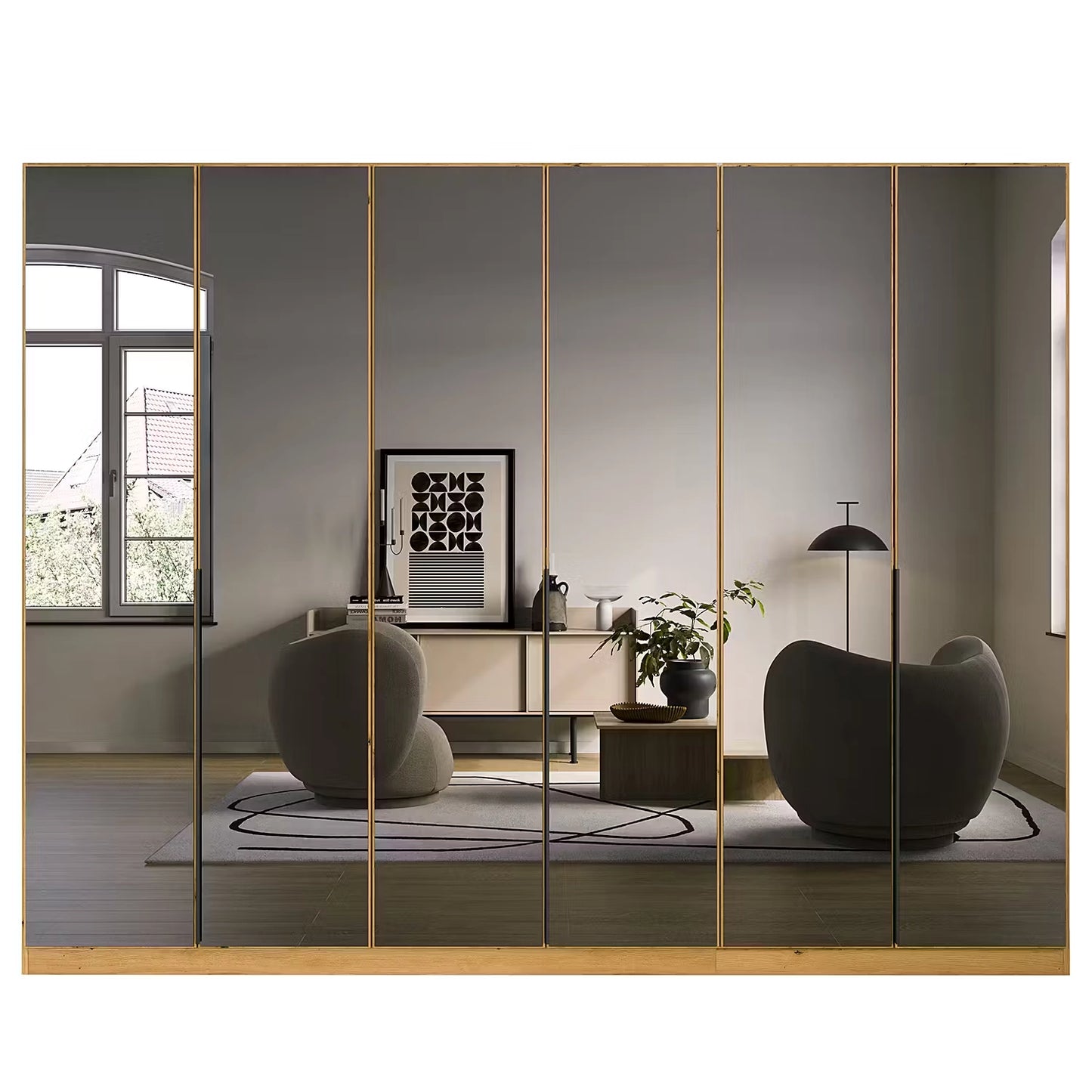 Vista Grey Glass Front Hinged 6 Door Wardrobe with Long Metal Door Handles - Front View