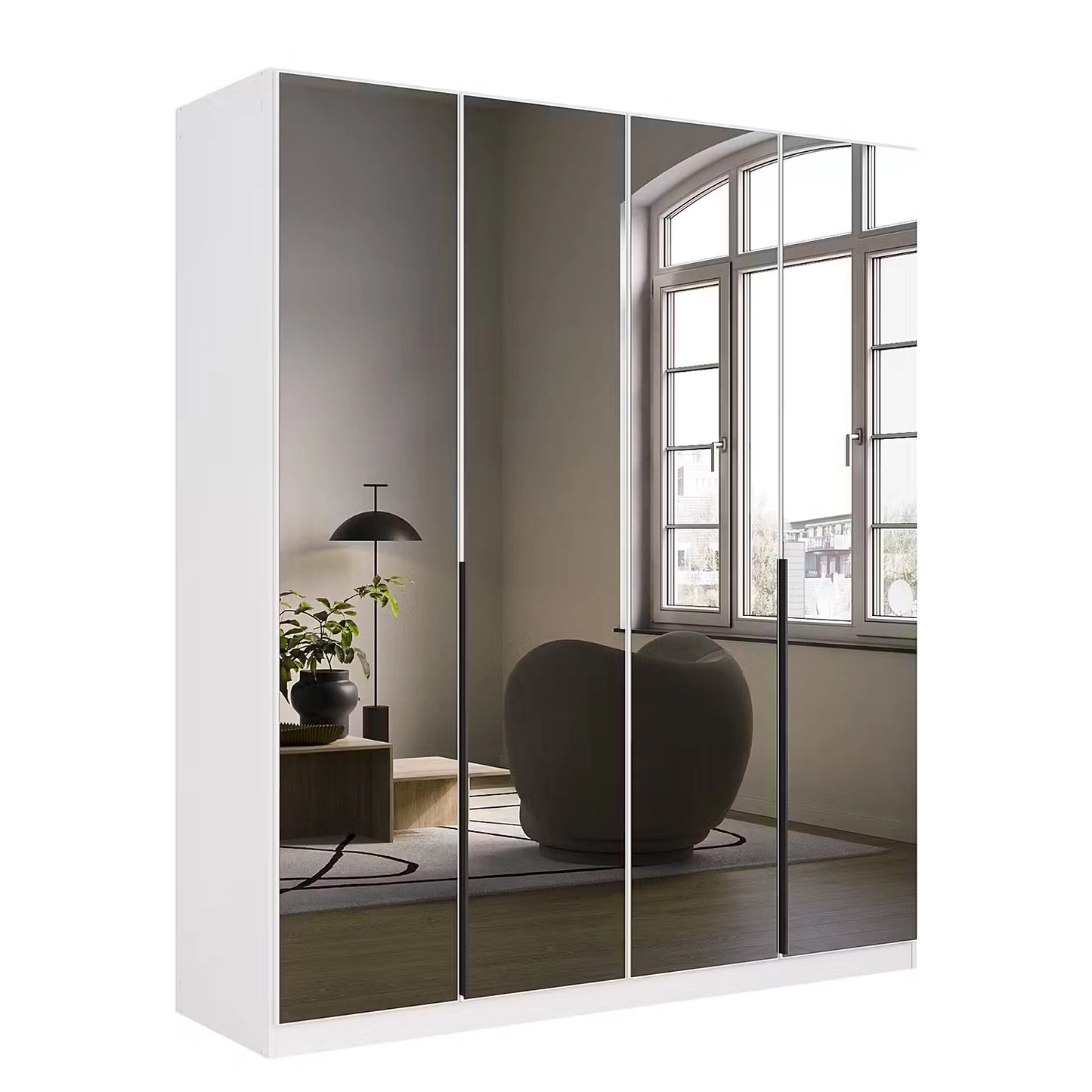 White wardrobe with grey mirror doors in a room with a window and decor elements.