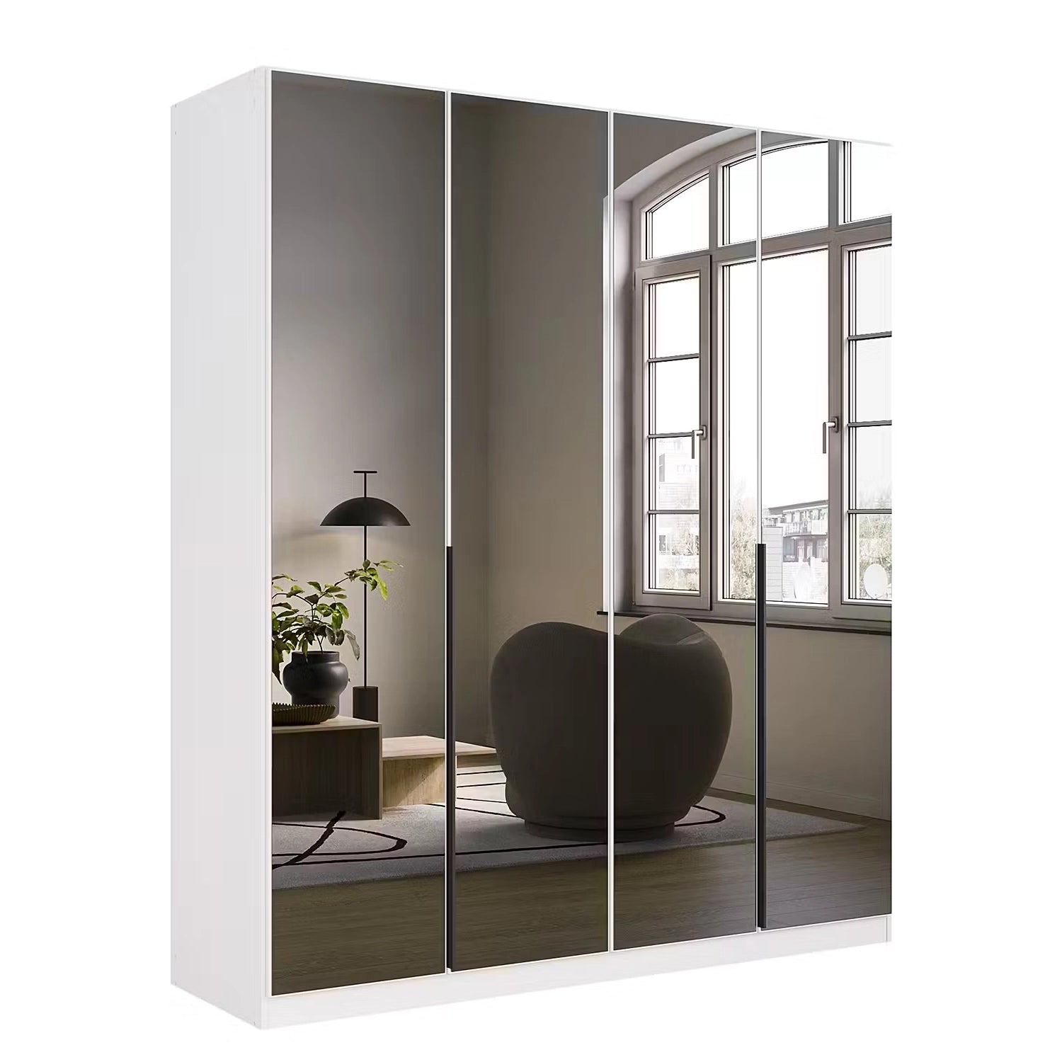 White wardrobe with grey mirror doors in a room with a window and decor elements.